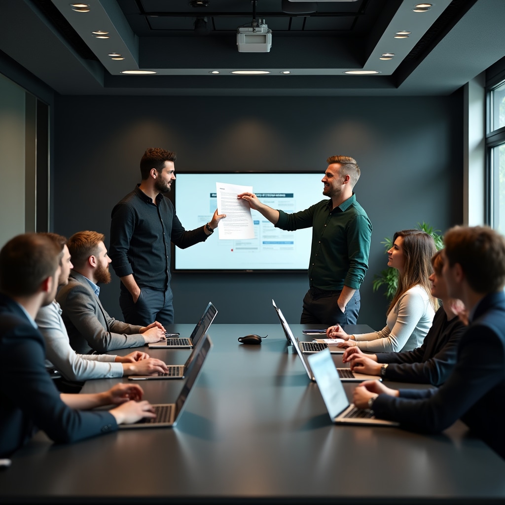 Corporate team training session in a company boardroom, participants engaged with facilitator at a whiteboard