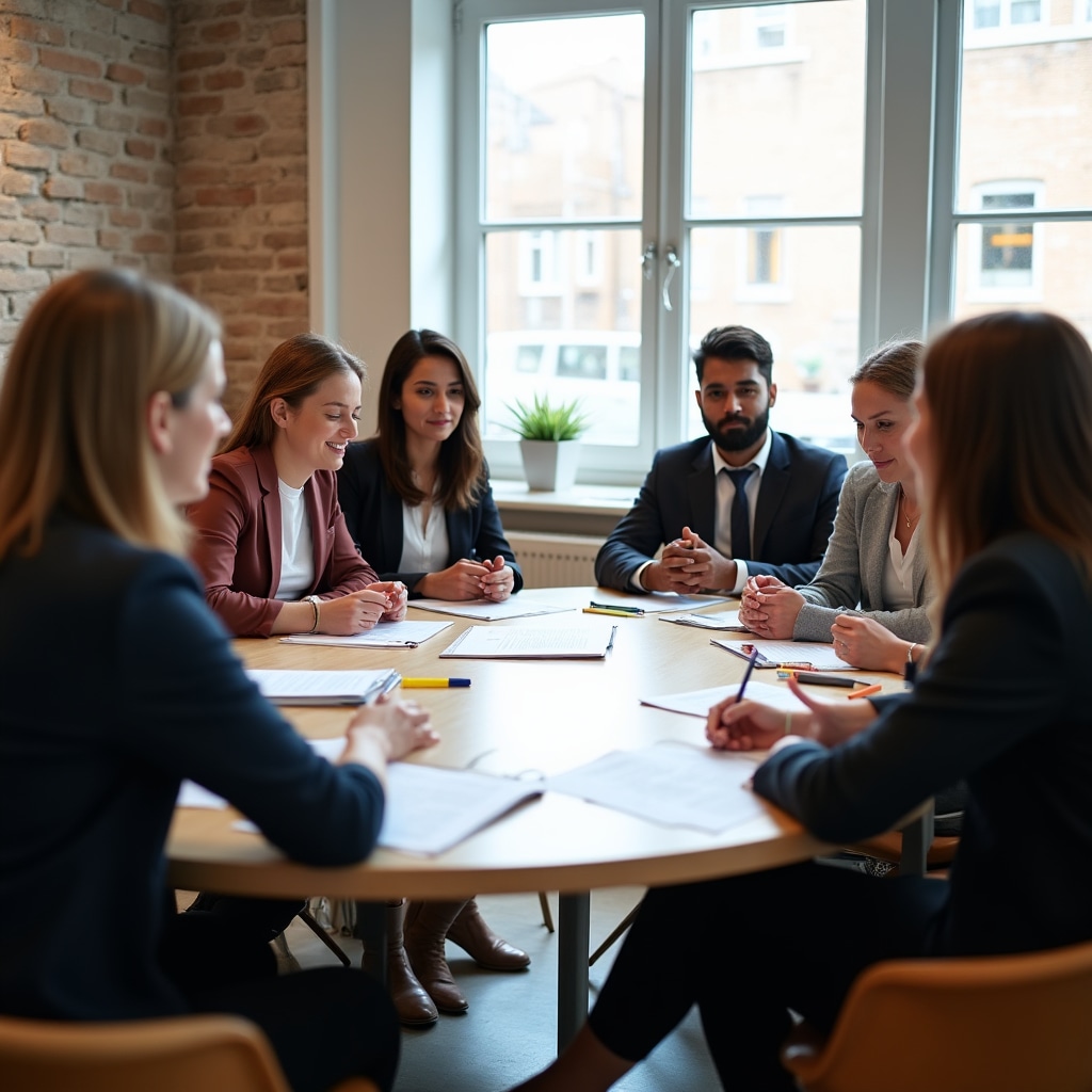 Small group of professionals in an open programme training session, seated around a table with notebooks and materials